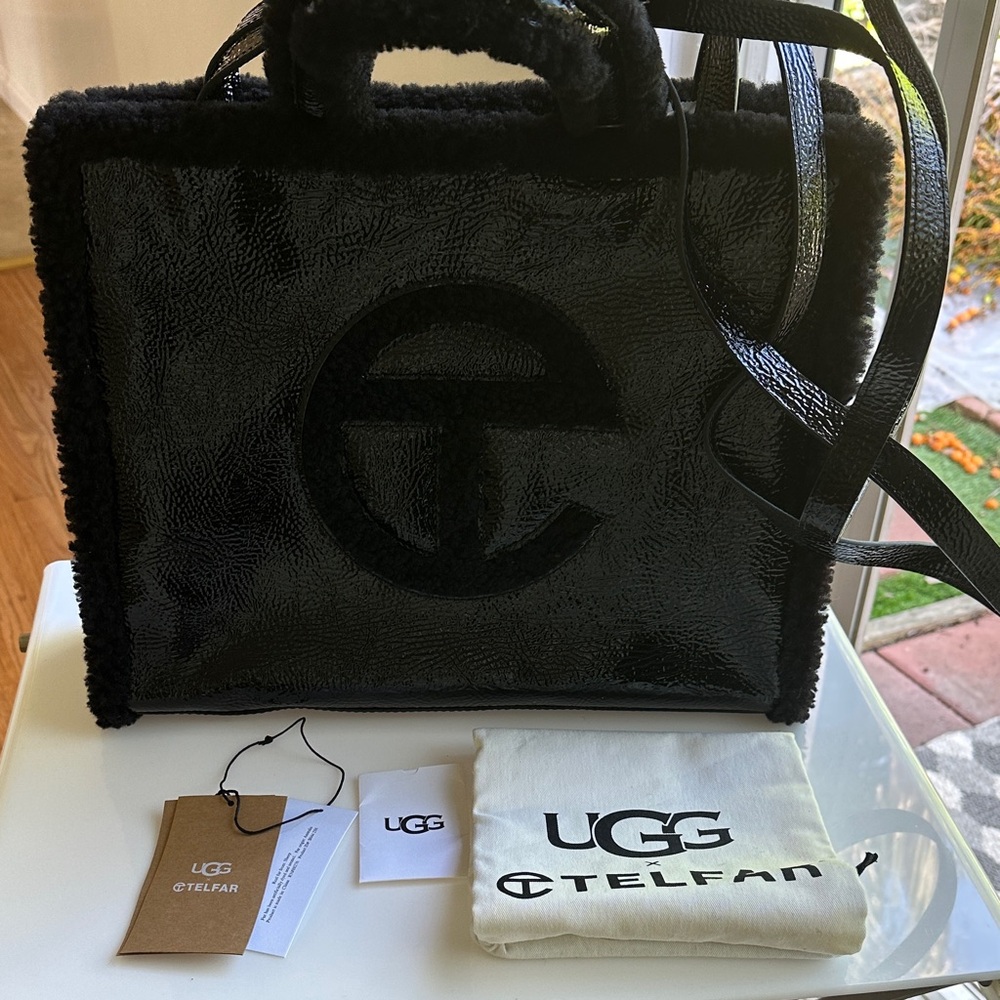 Telfar Black Patent Tote with Shearling Trim
